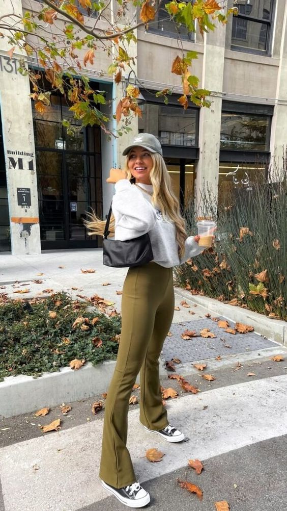 Gray Sweater with Olive Flare Leggings 